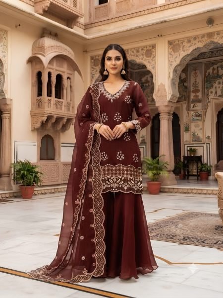 Refined Maroon Designer Burbury Kurti Set with Beads Sequin and Cut Work  