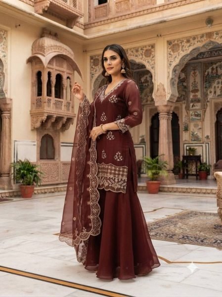 Refined Maroon Designer Burbury Kurti Set with Beads Sequin and Cut Work  Ready To Wear Collection