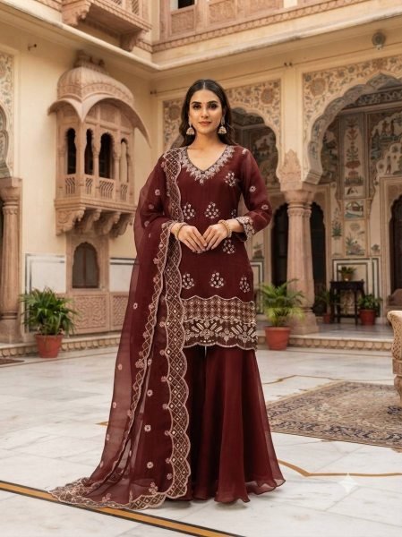 Refined Maroon Designer Burbury Kurti Set with Beads Sequin and Cut Work  Ready To Wear Collection