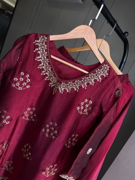 Refined Maroon Designer Burbury Kurti Set with Beads Sequin and Cut Work  Ready To Wear Collection