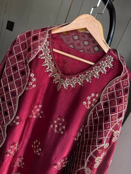 Refined Maroon Designer Burbury Kurti Set with Beads Sequin and Cut Work  Ready To Wear Collection