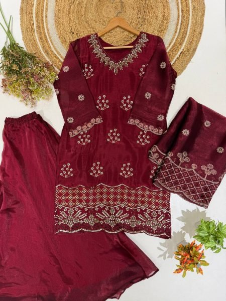 Refined Maroon Designer Burbury Kurti Set with Beads Sequin and Cut Work  Ready To Wear Collection