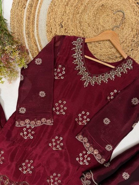 Refined Maroon Designer Burbury Kurti Set with Beads Sequin and Cut Work  Ready To Wear Collection