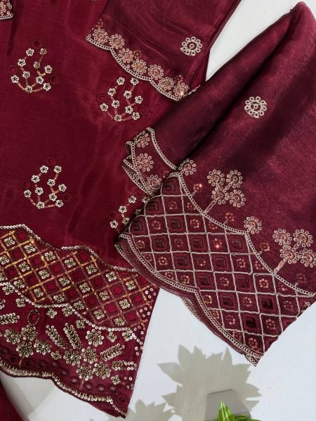 Refined Maroon Designer Burbury Kurti Set with Beads Sequin and Cut Work  Ready To Wear Collection