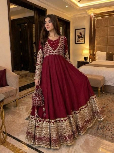 Refined Maroon Georgette Embroidered Gown Set with Dupatta for Women Ready To Wear Suit