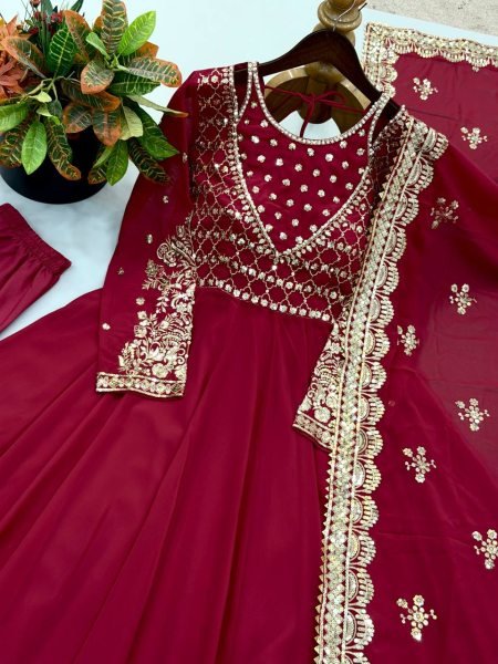 Refined Maroon Georgette Embroidered Gown Set with Dupatta for Women Ready To Wear Collection