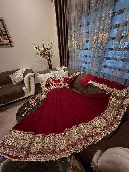 Refined Maroon Georgette Embroidered Gown Set with Dupatta for Women Ready To Wear Collection