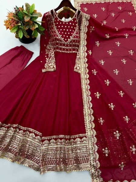Refined Maroon Georgette Embroidered Gown Set with Dupatta for Women Ready To Wear Collection
