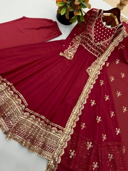Refined Maroon Georgette Embroidered Gown Set with Dupatta for Women Ready To Wear Collection