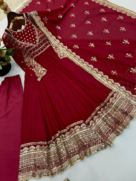 Refined Maroon Georgette Embroidered Gown Set with Dupatta for Women Ready To Wear Collection