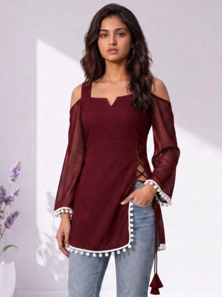 Refined Maroon Georgette Off Shoulder Short Kurti for Monsoon Fashion and Everyday Wear 