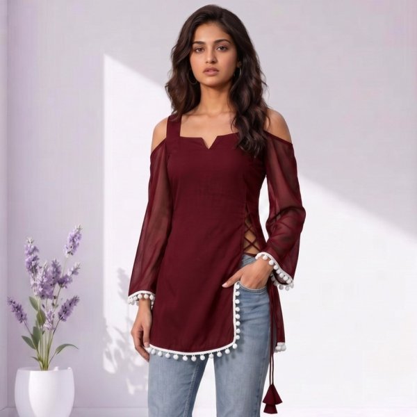 Refined Maroon Georgette Off Shoulder Short Kurti for Monsoon Fashion and Everyday Wear Full Set Kurti
