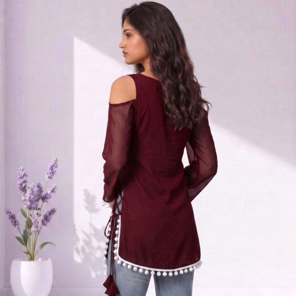 Refined Maroon Georgette Off Shoulder Short Kurti for Monsoon Fashion and Everyday Wear Full Set Kurti