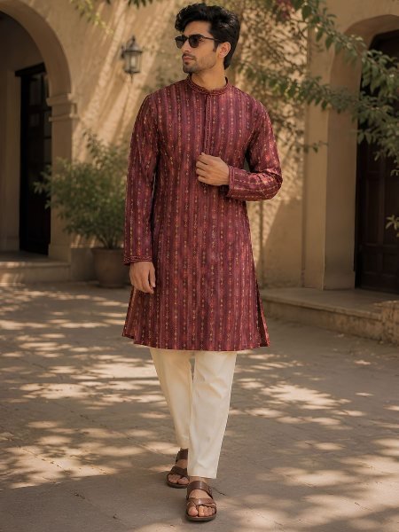 Refined Maroon Premium Heavy Silk Jacquard Kurta Pyjama Set for Men 
