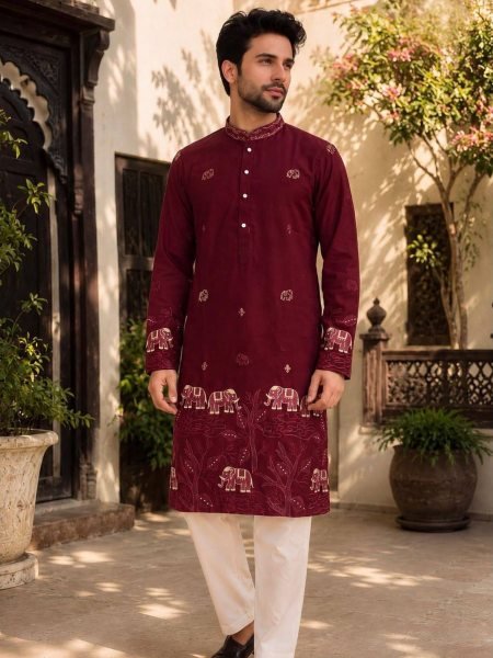 Refined Maroon Ready to Wear Men's Armaani Lachko Kurta with Raymond Cotton Pyjama 