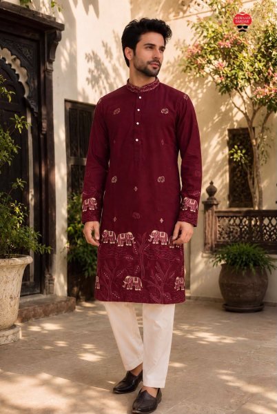 Refined Maroon Ready to Wear Men's Armaani Lachko Kurta with Raymond Cotton Pyjama Kurta Pajama Wholesale