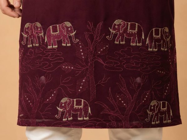 Refined Maroon Ready to Wear Men's Armaani Lachko Kurta with Raymond Cotton Pyjama Kurta Pajama Wholesale
