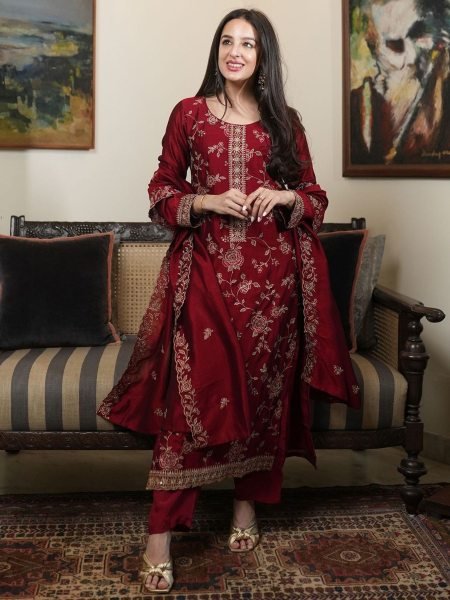 Refined Maroon Vichitra Silk Suit Collection with Embroidered Dupatta at Wholesale Rate Kurtis