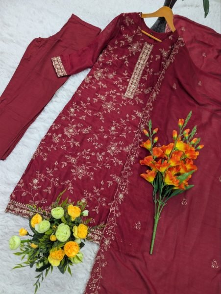 Refined Maroon Vichitra Silk Suit Collection with Embroidered Dupatta at Wholesale Rate Embroidery Kurtis 