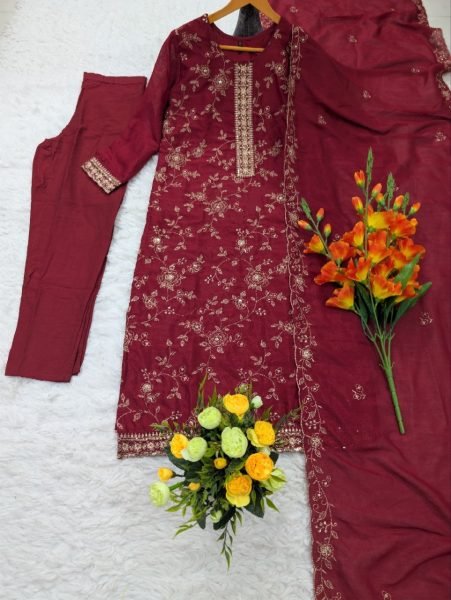 Refined Maroon Vichitra Silk Suit Collection with Embroidered Dupatta at Wholesale Rate Embroidery Kurtis 