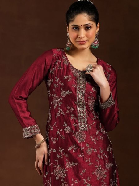 Refined Maroon Vichitra Silk Suit Collection with Embroidered Dupatta at Wholesale Rate Embroidery Kurtis 