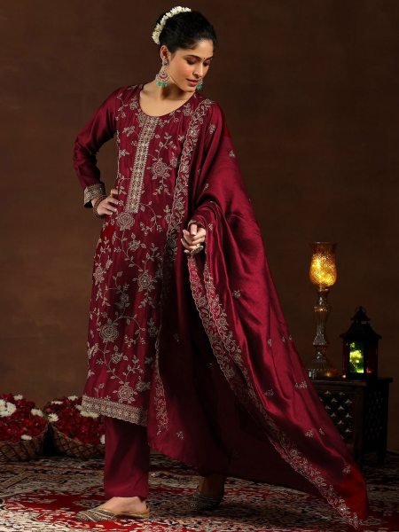 Refined Maroon Vichitra Silk Suit Collection with Embroidered Dupatta at Wholesale Rate Embroidery Kurtis 