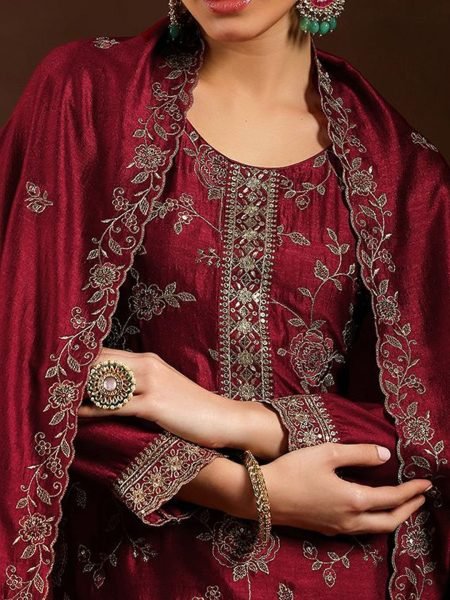 Refined Maroon Vichitra Silk Suit Collection with Embroidered Dupatta at Wholesale Rate Embroidery Kurtis 