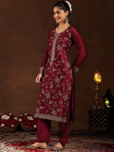 Refined Maroon Vichitra Silk Suit Collection with Embroidered Dupatta at Wholesale Rate Embroidery Kurtis 