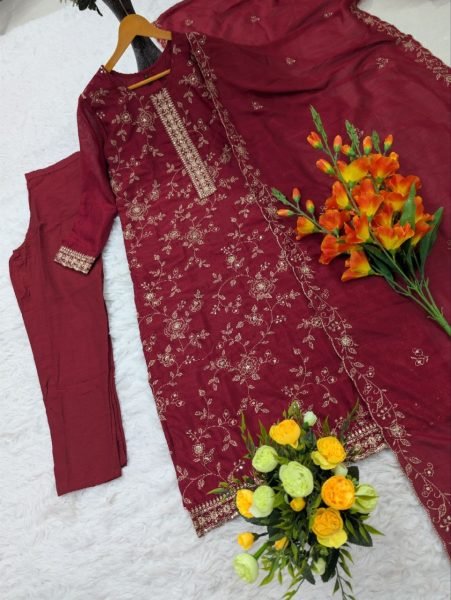 Refined Maroon Vichitra Silk Suit Collection with Embroidered Dupatta at Wholesale Rate Embroidery Kurtis 