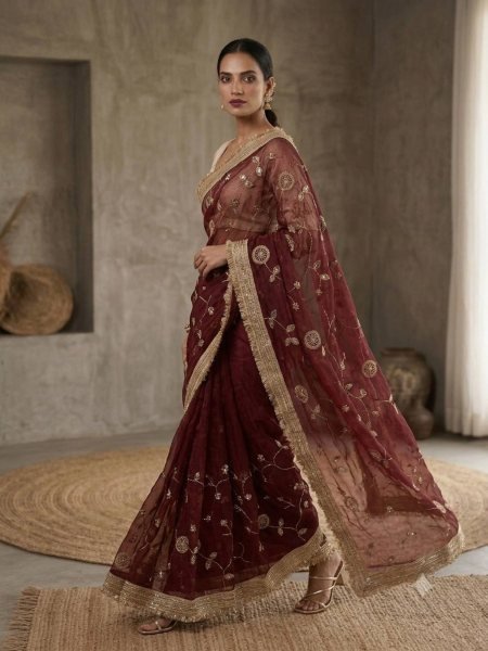 Refined Maroon Wedding Wear Pure Fandy Satin Saree with Premium Lace Border Finish 