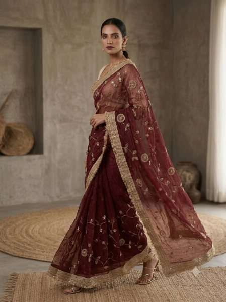 Refined Maroon Wedding Wear Pure Fandy Satin Saree with Premium Lace Border Finish Embroidery Sarees Wholesale