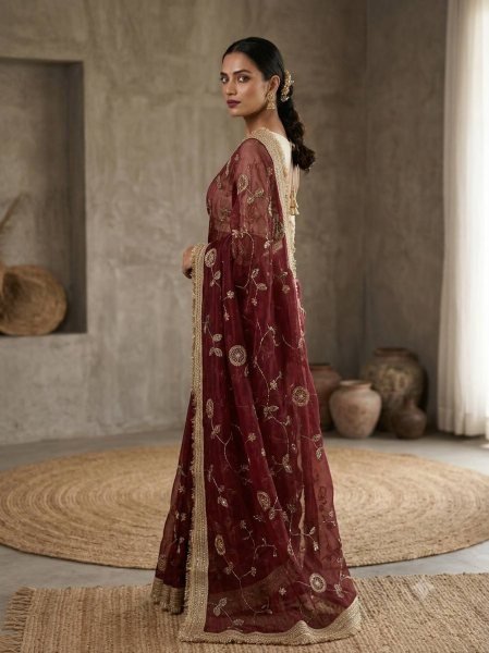 Refined Maroon Wedding Wear Pure Fandy Satin Saree with Premium Lace Border Finish Embroidery Sarees Wholesale