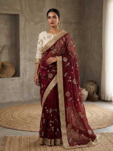 Refined Maroon Wedding Wear Pure Fandy Satin Saree with Premium Lace Border Finish Embroidery Sarees Wholesale