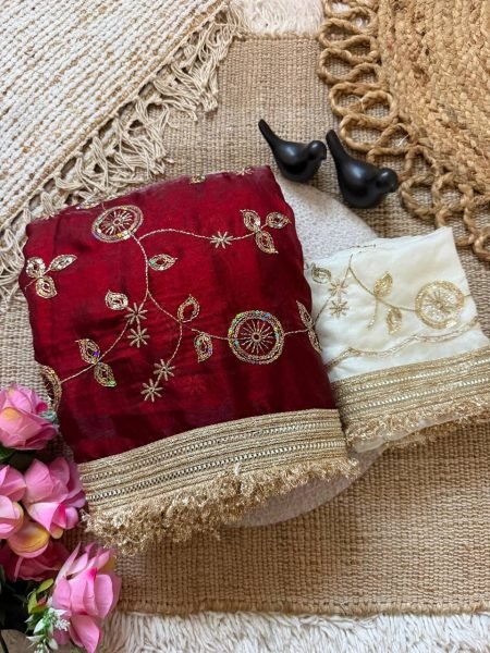 Refined Maroon Wedding Wear Pure Fandy Satin Saree with Premium Lace Border Finish Embroidery Sarees Wholesale
