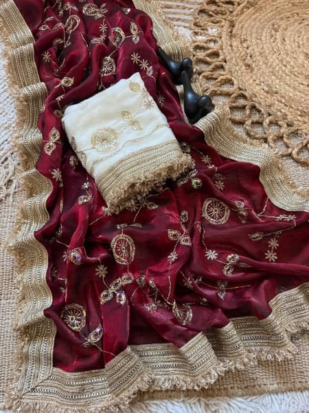 Refined Maroon Wedding Wear Pure Fandy Satin Saree with Premium Lace Border Finish Embroidery Sarees Wholesale