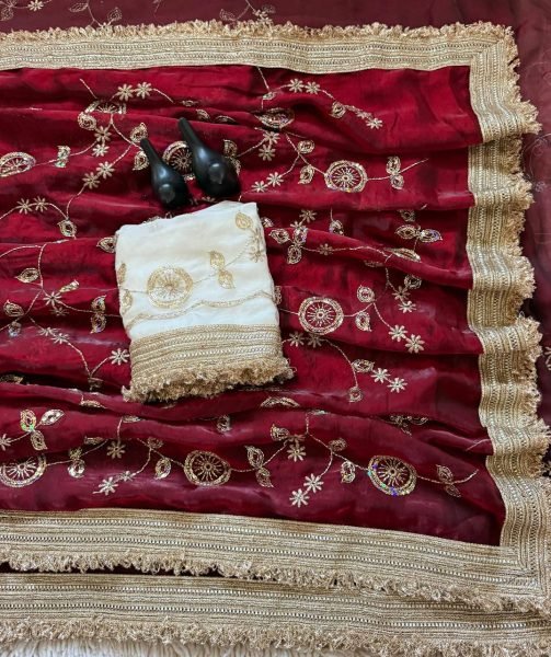 Refined Maroon Wedding Wear Pure Fandy Satin Saree with Premium Lace Border Finish Embroidery Sarees Wholesale