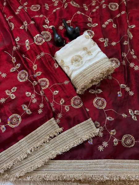 Refined Maroon Wedding Wear Pure Fandy Satin Saree with Premium Lace Border Finish Embroidery Sarees Wholesale