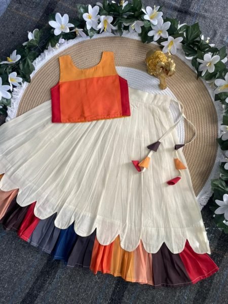 Refined Multi color Kids Cotton Printed Lehenga Choli Set for Summer Wear Girls Wear