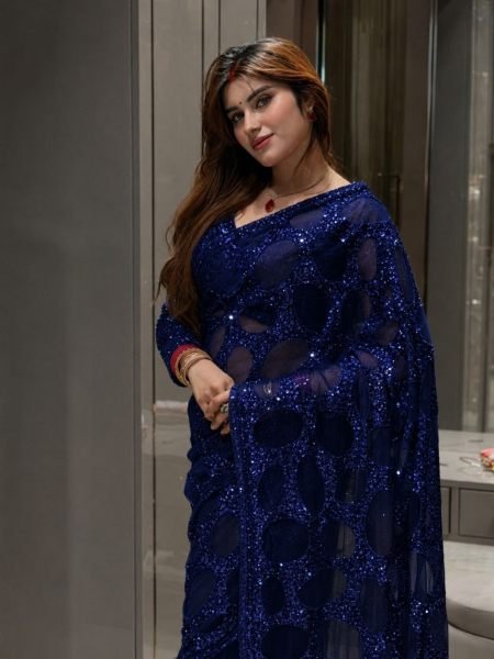 Refined Navy Blue Butterfly Net Saree with Heavy Multicolor Sequin Work at Wholesale Rate 