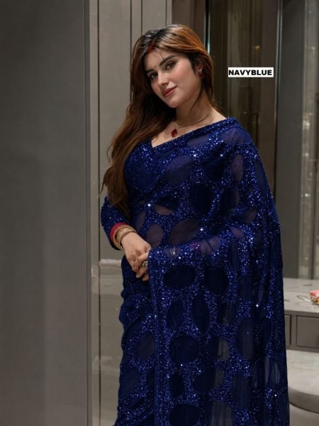Refined Navy Blue Butterfly Net Saree with Heavy Multicolor Sequin Work at Wholesale Rate Bollywood Fancy Sarees Wholesale