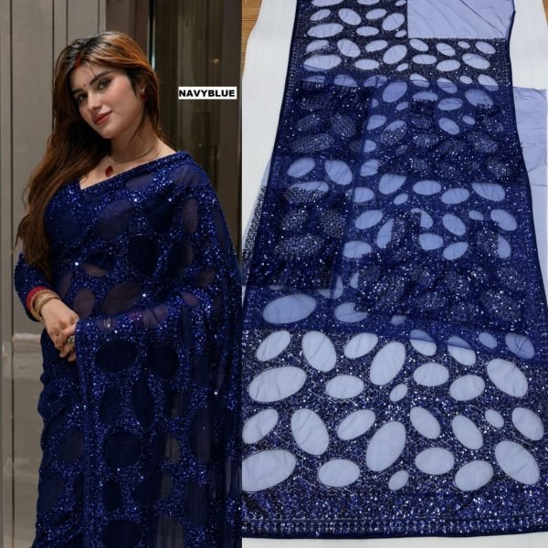 Refined Navy Blue Butterfly Net Saree with Heavy Multicolor Sequin Work at Wholesale Rate Bollywood Fancy Sarees Wholesale