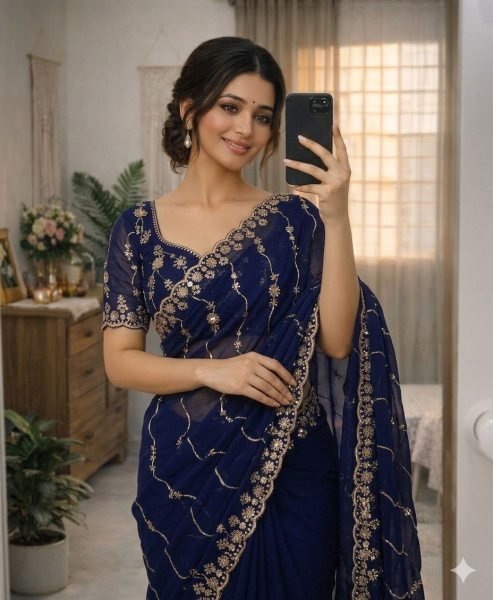 Refined Navy Blue Latest Georgette Saree Design with Embroidery Work Embroidery Sarees Wholesale