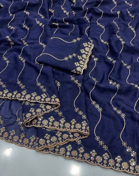 Refined Navy Blue Latest Georgette Saree Design with Embroidery Work Embroidery Sarees Wholesale