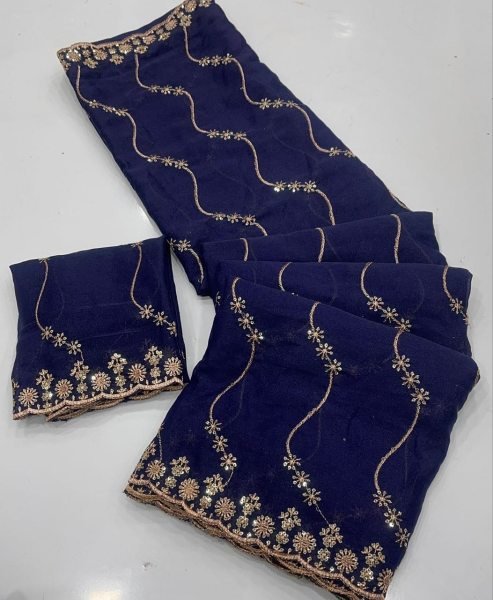 Refined Navy Blue Latest Georgette Saree Design with Embroidery Work Embroidery Sarees Wholesale