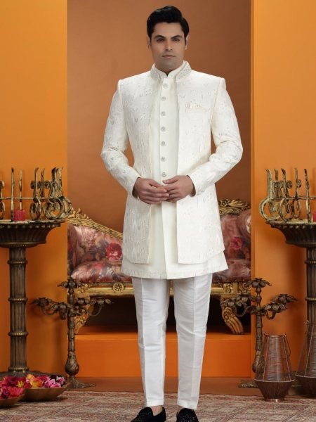 Refined Off White Party Wear Suit Set in Art Silk with Handwork Detailing 