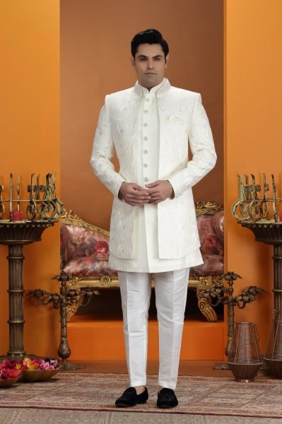 Refined Off White Party Wear Suit Set in Art Silk with Handwork Detailing Kurta Pajama Wholesale