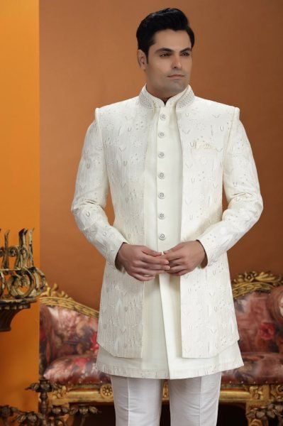 Refined Off White Party Wear Suit Set in Art Silk with Handwork Detailing Kurta Pajama Wholesale