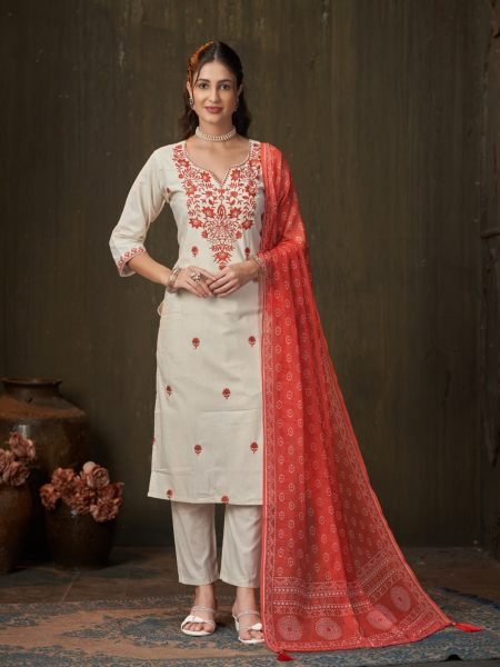Refined OffWhite Khadi Cotton Embroidered Kurta Pant Dupatta Set for Women 