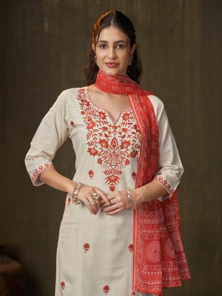 Refined OffWhite Khadi Cotton Embroidered Kurta Pant Dupatta Set for Women Embroidery Kurtis 