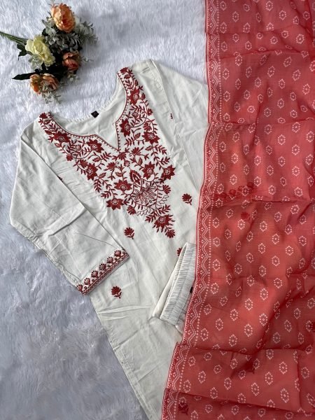 Refined OffWhite Khadi Cotton Embroidered Kurta Pant Dupatta Set for Women Embroidery Kurtis 